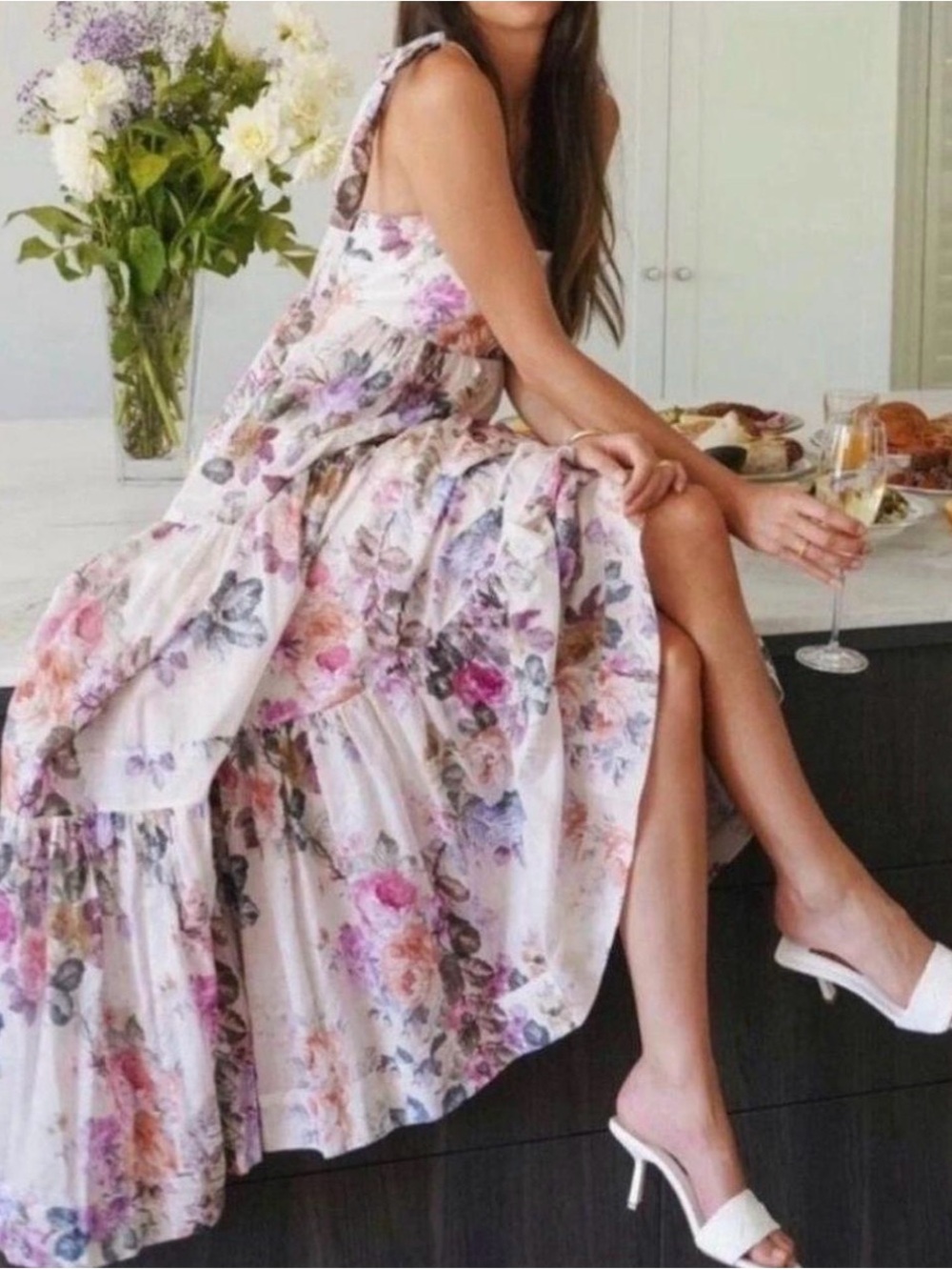 House of Harlow 1960 Floral Tiered Summer Midi Dress - Pink Multi XS Fits S